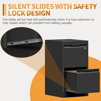 2-Drawer Metal File Cabinet with 1 Lockable Drawer,Steel Printer Stand with Storage for Home Office,Vertical Filing Cabinet for Legal/Letter/A4 Files,Assembly Required(15''W-2 Drawers,Black)