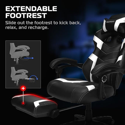 Respawn 110 Pro Ergonomic Gaming Chair with Footrest for Adults - Comfortable Office Gaming Recliner with Lumbar Support and Headrest, Racing Style Video Game Chairs for Computer Gamer - White