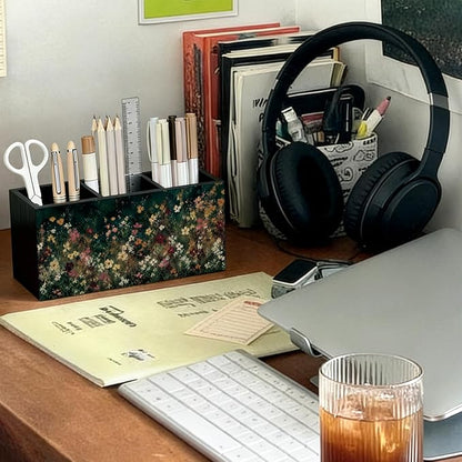 Moody Floral Pen Pencil Holder for Office Desk Accessories Decor | Cottagecore Office Accessories for Women, Wildflower Pen Pencil Wooden Organizer Decorations for Dorm Room Bedroom Tabletop