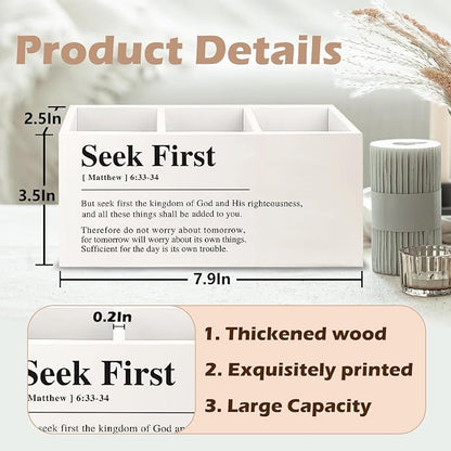 Christian Wooden Pen Pencil Holder for Home Office Desk Accessories, Christian Gifts for Women Men, Bible Verse Seek First Matthew 6:33-34 Makeup Brush Toothbrush Holder Organizer