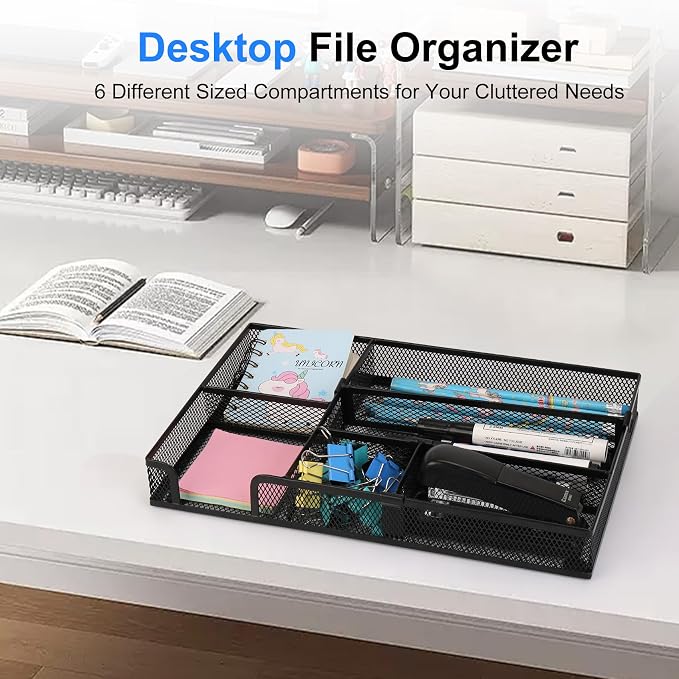 Desk Drawer Organizer, Junk Drawer Organizer Tray with 2 Adjustable Compartments, Desktop Metal Mesh Office Desk Organizer, Multifunction Pen Organizer Set for Office School Home Makeup Supplies (1)