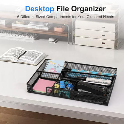 Desk Drawer Organizer, Junk Drawer Organizer Tray with 2 Adjustable Compartments, Desktop Metal Mesh Office Desk Organizer, Multifunction Pen Organizer Set for Office School Home Makeup Supplies (1)