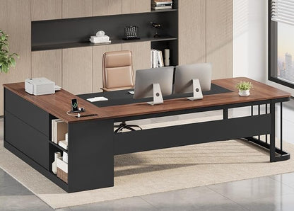 UPOSOJA 78.7" Executive Desk, Large Office Desk with Drawers & Storage Shelves, Modern L Shaped Computer Desk Corner Desk with Power Outlets, File Cabinet, Business Furniture Desk Workstation (Walnut)
