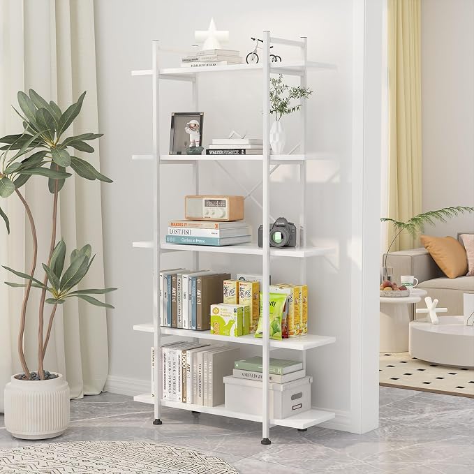 Bookshelf 5 Tiers White Wooden Storage Shelf,Modern Open Display Storage Bookcase Book Organizer,Metal Bookshelf Standing Storage Shelf Tall Shelving Units for Home Office Study