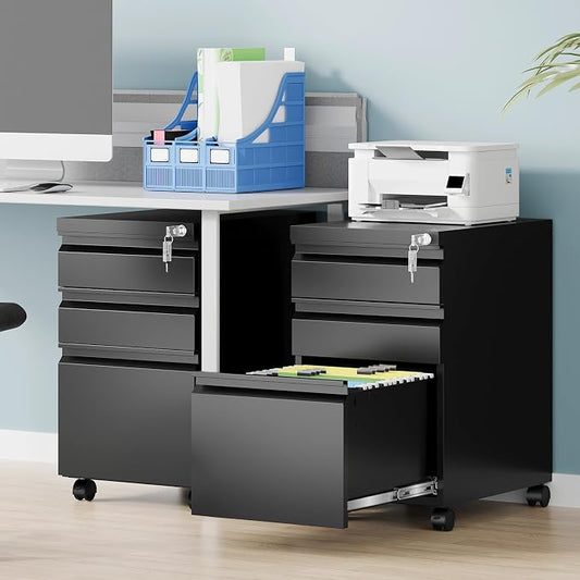 3 Drawer Mobile File Cabinet with Lock, Rolling Filing Cabinets for Home Office, Under Desk Small File Cabinet Three Drawers for Legal/Letter/A4 File, Black - Assembly Required