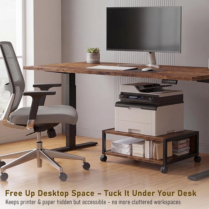 Zonon 2 Tier Printer Stand Under Desk with Lockable Wheels 19.7x15.7x7.9 Inch Rolling Printer Table Cart Under Desk Short Movable Storage Shelf for Home Office Organization (Open Shelf Style,Brown)