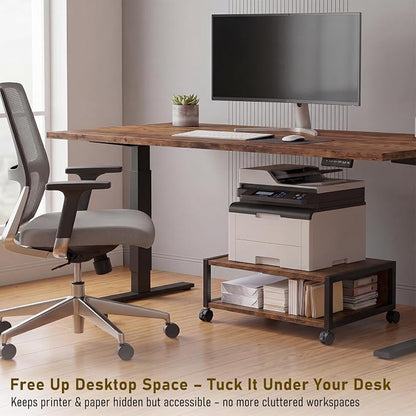 Zonon 2 Tier Printer Stand Under Desk with Lockable Wheels 19.7x15.7x7.9 Inch Rolling Printer Table Cart Under Desk Short Movable Storage Shelf for Home Office Organization (Open Shelf Style,Brown)