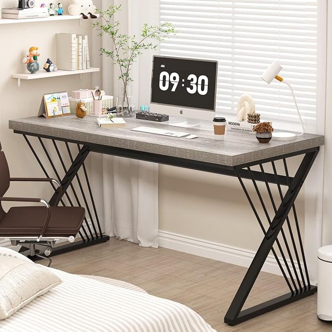 FOLUBAN Modern Desk, Rustic Wood and Metal Computer Desk for Home Office, Simple Study Writing Gaming Table for Bedroom Living Room, Light Grey, 53 Inch