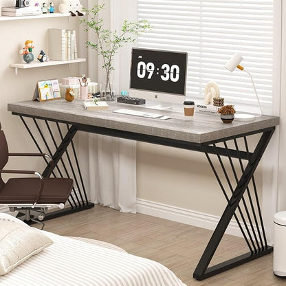 FOLUBAN Modern Desk, Rustic Wood and Metal Computer Desk for Home Office, Simple Study Writing Gaming Table for Bedroom Living Room, Light Grey, 53 Inch