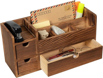 Deep Roast Wooden Desktop Organizer 3 Drawers Office Supplies Storage Caddy Box Stationery Pencil Mail Holder Note Pads Makeup Tools Cosmetics Dark Brown