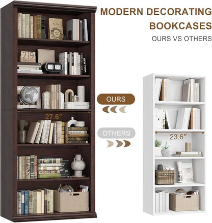 Rresyet Bookcase and Bookshelves, 28" W Tall Bookshelf with Elegant Design, 6 Tiers Spacious Book Storage, Freestanding Book Organizer, Display Library Shelf for Home Office, Living Room & Study Room