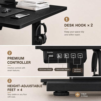 Grandder 63x32 Large Electric Standing Desk, Height Adjustable Computer Desk with 2 Memory Presets, 31.5" Deep Desktop Sit Stand Desk Home Office Desk Workstation Table with Hooks, Black