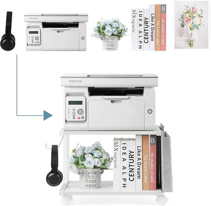 Printer Stand Under Desk Printer Table with Wheels 2 Tier Small Printer Cart with Storage Bag Desktop White Printer Stands for Home Office Fax Machine Scanner Files (White)