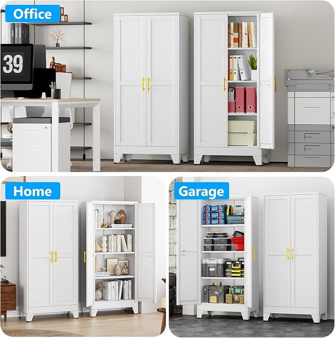 pozdeg 61" Tall Metal Storage Cabinet with 2 Doors & 3 Adjustable Shelves, Steel File Cabinet Multipurpose Organizer for Home Office Garage (White)