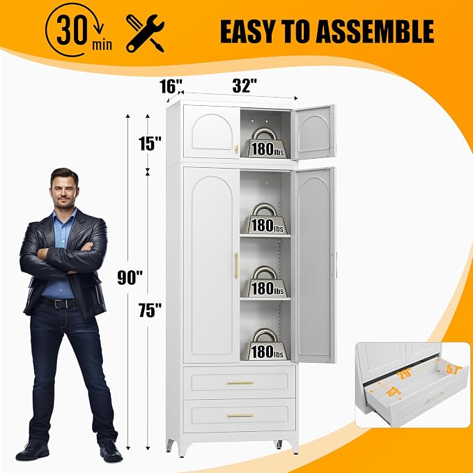 Metal Storage Cabinet with Doors and Shelves, 90" Tall Kitchen Pantry Storage Cabinets with 2 Drawer, White Pantry Closet, Steel Large Cupboard, High Leveling Feet- Assembly Required