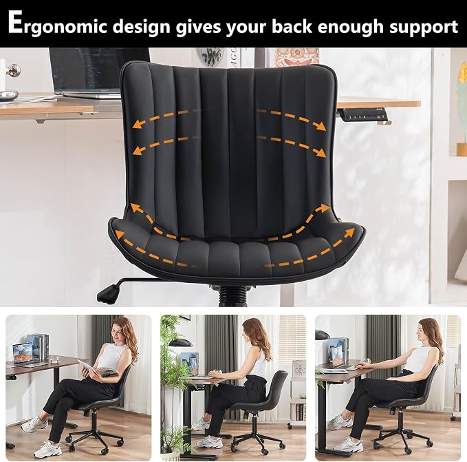YOUNIKE Black Office Desk Chair with Wheels Comfy Armless Small Vanity Chair with Adjustable Rocking Back Modern Leather Upholstered Rolling Task Computer Chair Cute Swivel Drafting Chair Compact