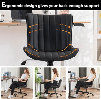 YOUNIKE Black Office Desk Chair with Wheels Comfy Armless Small Vanity Chair with Adjustable Rocking Back Modern Leather Upholstered Rolling Task Computer Chair Cute Swivel Drafting Chair Compact