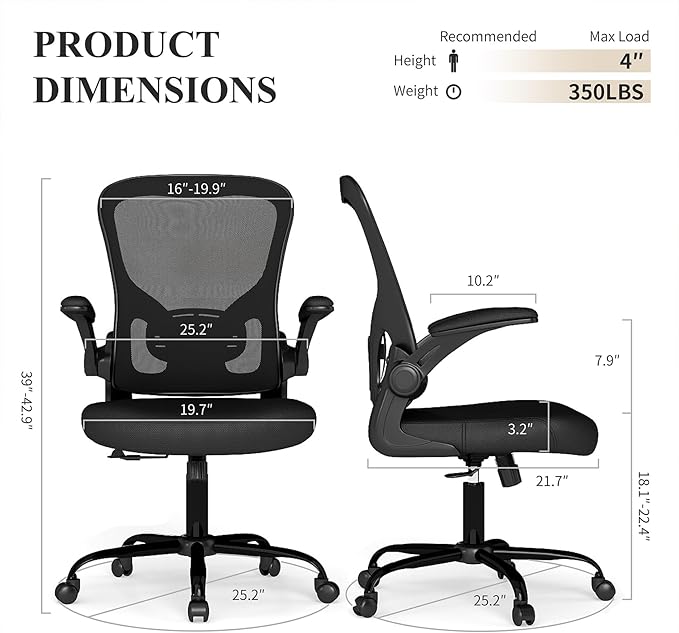 Flysky Mesh Office Chair, Ergonomic Computer Desk Chairs for Home Office - with Comfy/Comfortable Flip-up Arm Rests, Lumbar Support, Height Adjustable, 360 Degree Rolling Swivel (Black, 6 Pack)