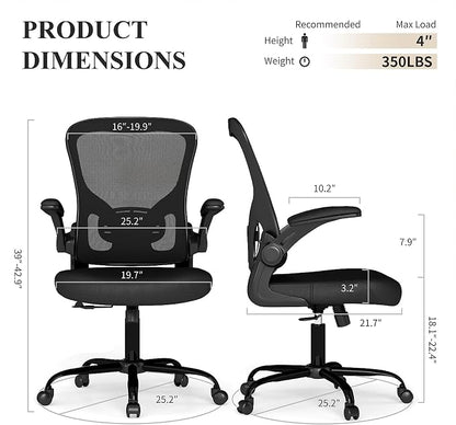 Flysky Mesh Office Chair, Ergonomic Computer Desk Chairs for Home Office - with Comfy/Comfortable Flip-up Arm Rests, Lumbar Support, Height Adjustable, 360 Degree Rolling Swivel (Black, 8 Pack)