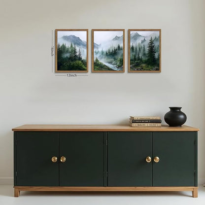 Framed Forest Wall Art Set of 3, Misty Mountain Landscape Canvas Wall Decor Paintings, Nature Tree River Scenery Artwork Prints Pictures for Living Room Bedroom Office 12x16 Inch