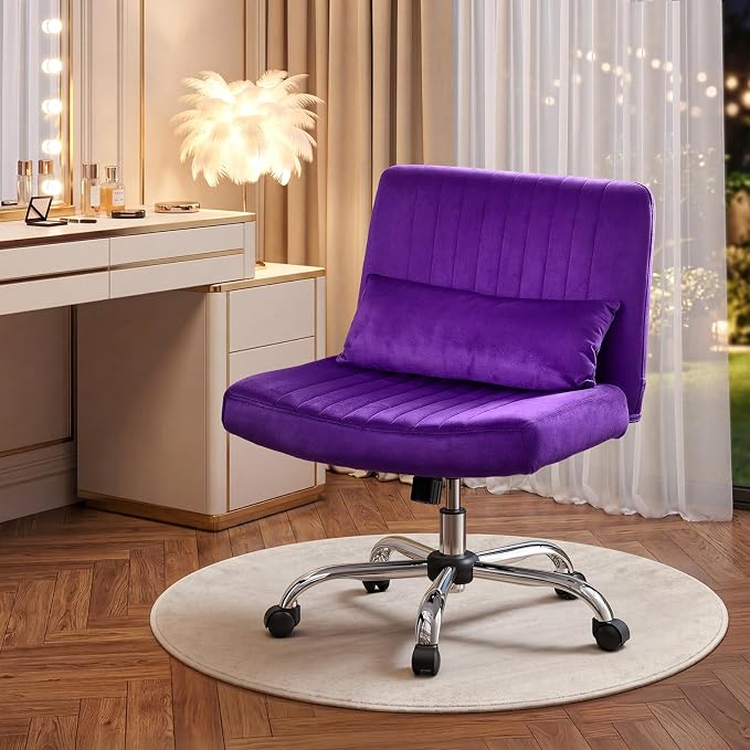 Criss Cross Chair with Wheels, Velvet Cross Legged Office Chair, Comfy Desk Chair for Home Office, Ergonomic Computer Chair, Wide Seat Vanity Chair, Birthday Gift for Women, Velvet Plum Purple