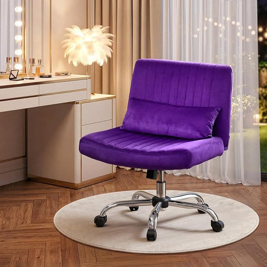 Criss Cross Chair with Wheels, Velvet Cross Legged Office Chair, Comfy Desk Chair for Home Office, Ergonomic Computer Chair, Wide Seat Vanity Chair, Birthday Gift for Women, Velvet Plum Purple