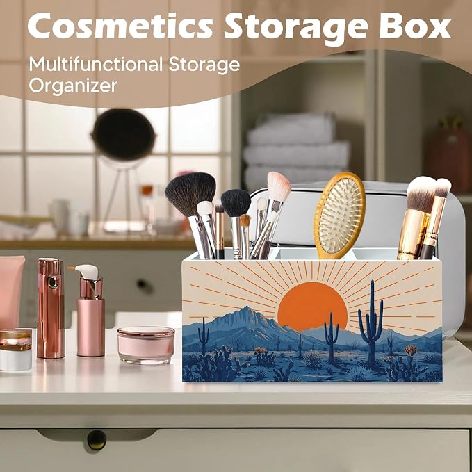 DILSJ Western Boho Pen Pencil Holder Organizer for Desk, Boho Office Decor, Abstract Sunshine Western Desert Cactus Landscape Wooden Box Signs for Home Office Desk Tabletop Decoration