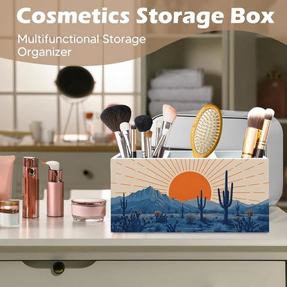 DILSJ Western Boho Pen Pencil Holder Organizer for Desk, Boho Office Decor, Abstract Sunshine Western Desert Cactus Landscape Wooden Box Signs for Home Office Desk Tabletop Decoration