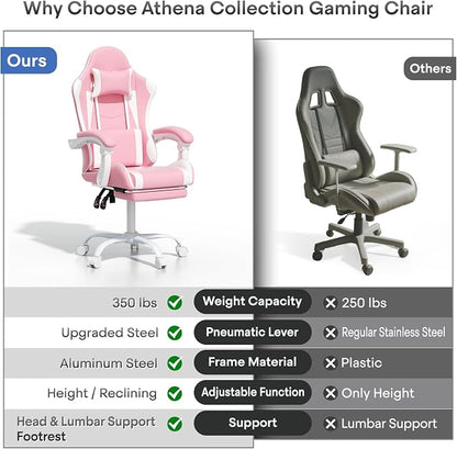 Athena Collection Gaming Chair, Ergonomic Gaming Chair with Footrest & Headrest Lumbar Support, Height Adjustable Swivel Computer Chair Office Chair for Adults (Pink)