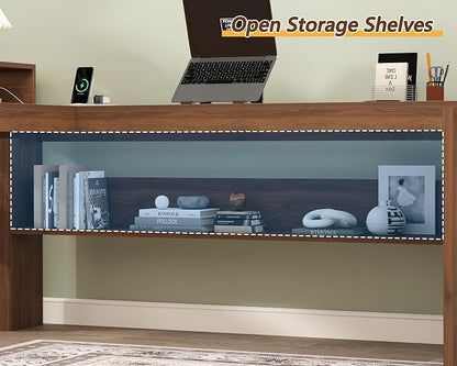 YOMILUVE Farmhouse 63" L Shaped Desk with Drawers, Home Office Desks with Storage Shelves and Printer Stand, Corner Computer Desk with Power Outlets and Monitor Stand, Brown