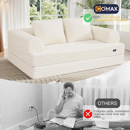COMAX Convertible Sofa Bed, Folding Floor Couch Corduroy Fold Out Couch Bed Futon Sleeper Mattress with Pillows, Boneless Sofa Comfy Lounge Loveseat for Living Room Bedroom, Plush Beige