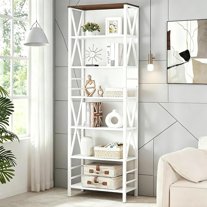 HOMISSUE Bookshelf, 7-Tier Bookshelf, Rustic Wood Metal Bookshelves and Bookcases, Freestanding Open Bookshelf, Industrial Tall Bookcase for Home Office, Living Room and Bedroom, White