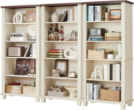 SAVOR LIFE 70" Tall White Bookshelf,5 Tier Wood Book Shelf with Adjustable Shelves & Wood Legs,Free Standing Farmhouse Bookcase with Open Display Storage,Vintage Kids Bookshelves for Nursery,3PCS