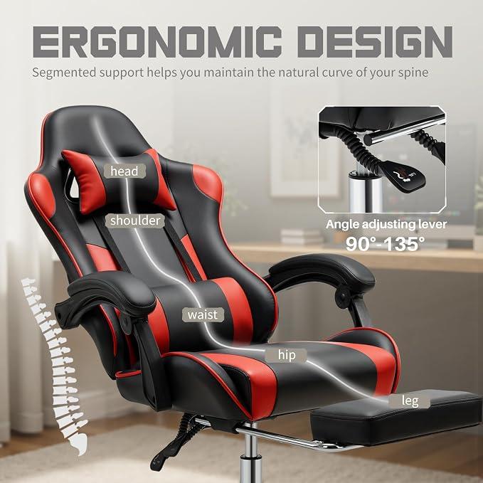 DUMOS Ergonomic Gaming Office Desk Chair with Footrest and Headrest for Adults, PU Leather Video Computer Chair with Linkage Armrests, Height Adjustable 360° Swivel Recling, Black Red