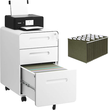 3 Drawers File Cabinet, Mobile Filing Cabinet with Lock, with 25 File Folders, Steel, Fully Assembled Except Casters, for Home Office, White
