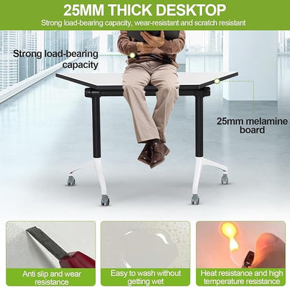 Trapezoidal Folding Conference Table,Freely Splicing Modular Training Seminar Tables,Mobile Conference Room Tables with Wheels,Modern Flip Top Conference Meeting Table Foldable Tables for Office(6)