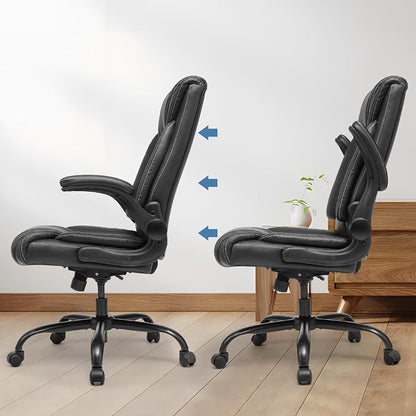 OUTFINE Flip-up Arms Office Chair 300lbs Executive Chair Swivel Office Chair with hydrolysis-Resistant Leather Spring Cushion Thick Padding and Ergonomic Design (Black, Flip Arm Medium) | Flip-up armrests, ergonomic support and durable leather maximize...