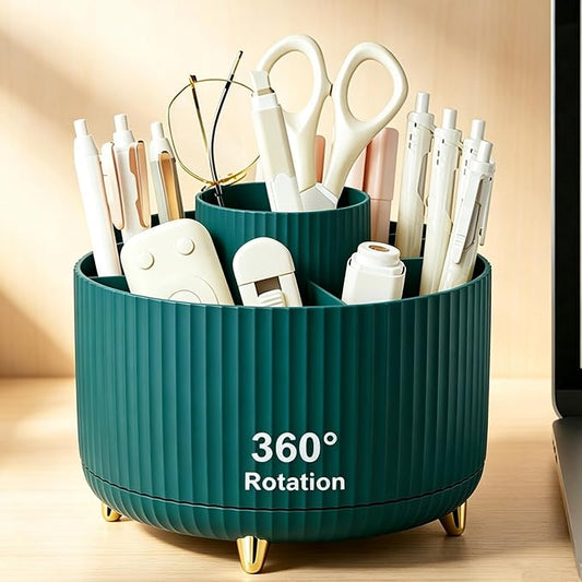 Pencil Pen Holder 5 Slots 360°Degree Rotating Pen Organizers for Desk Desktop Storage Stationery Supplies Cute Pencil Cup Pot Kids Desk Organizer for Office Home School（Green）