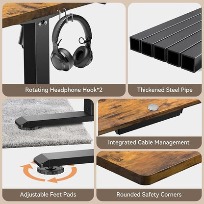 Standing Desk, 48 x 24 inches Electric Height Adjustable Desk, Sit Stand up Desk, Memory Computer Home Office Gaming Desk with 3 Preset Heights, Wood Table Cable Management Box, Brown