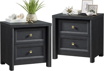 Black Nightstand Set of 2, Farmhouse Night Stand Set 2, Black and Gold Nightstand with 2 Drawers, Wood Bed Side Table for Bedroom, 23.3” Tall Nightstand with Gold Knob, Wooden End Table Sofa Couch