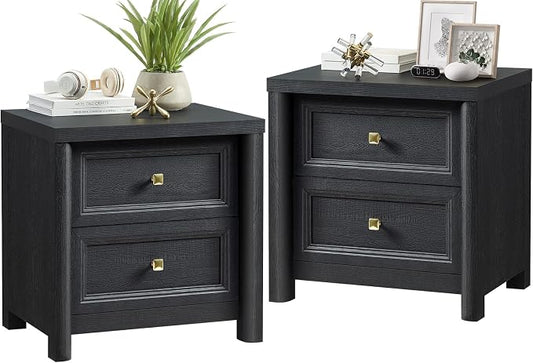 Black Nightstand Set of 2, Farmhouse Night Stand Set 2, Black and Gold Nightstand with 2 Drawers, Wood Bed Side Table for Bedroom, 23.3” Tall Nightstand with Gold Knob, Wooden End Table Sofa Couch