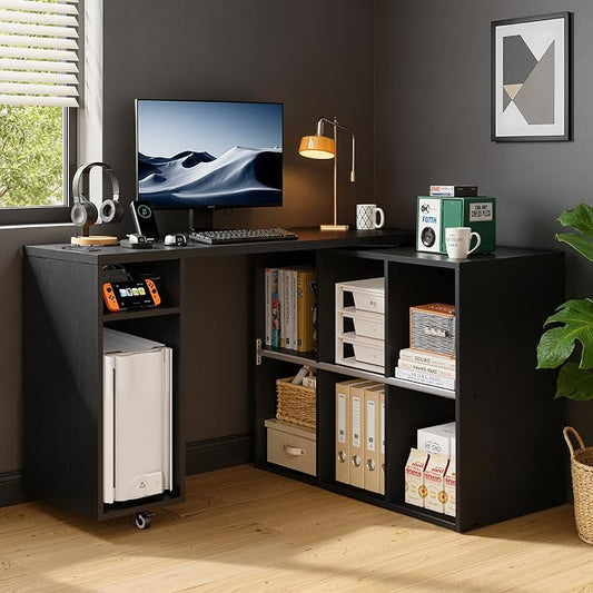 BOSHIRO Black L-Shaped Computer Desk with Storage Shelves, Small Study Writing Desk with Charging Station, 67” Bedroom Side Table & 360° Rotating Desk for Living Room