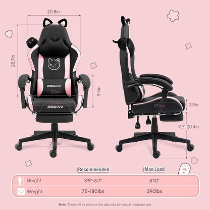 Dowinx Pink Gaming Chair with Cat Ears and Massage Lumbar Support, Ergonomic Computer Chair with Footrest and Headrest, Comfortable Reclining Game Chair 290lbs for Adults, Black
