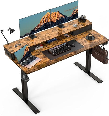 Electric Standing Desk with Two Drawers,55 x 24 Inch Sit Stand Desk Adjustable Height, Stand Up Desk with Storage Shelf, Computer Workstation for Home Office, Rustic Brown