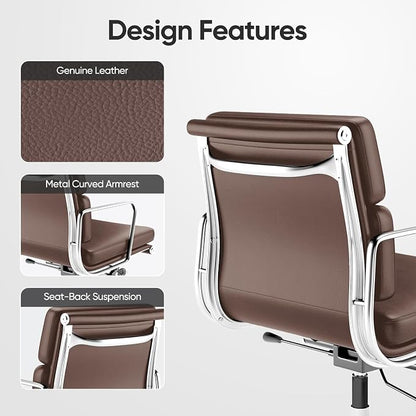 Genuine Leather Office Chair, Padded Mid Back Ergonomic Executive Desk Chair with Aluminum Arm Rest and Base, Swivel Wheels with Lumbar Support & Tilting Function, Hight Adjustable Dark Brown