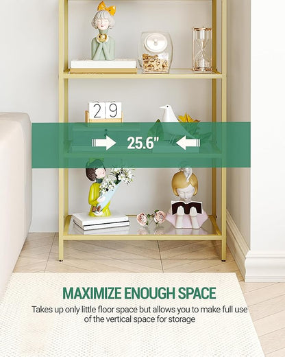 Hzuaneri Bookcase Bookshelf, Tempered Glass Bookshelves, Slim Shelving Unit for Bedroom, Bathroom, Home Office, Steel Frame, 6 Tier Gold BC21699G