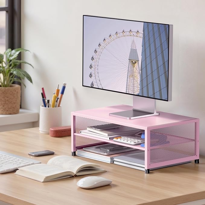 ECOLOVI 2-Tier Computer Monitor Stand Riser, Desk Organizer for Monitor, Printer & Laptop Stand, Desktop Workspace Organizers for Office Supplies(Pink)