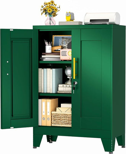 winiowa Tall Metal Storage Cabinet with Lock, Locking File Cabinet with 2 Doors and 2 Adjustable Shelves, Green Lockable Organizer for Home Office Garage（23.6" W）