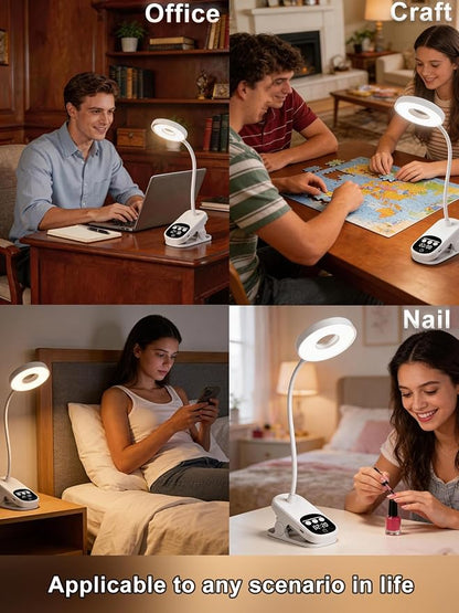 Clip On LED Desk Lamp Wireless, 6000mAh Rechargeable Eye-Caring Bedside Reading Light with Clock & Timer, 3 Color Temperatures 360° Rotatable for Dorm Room, Bed Headboard, Home, Office, Camping