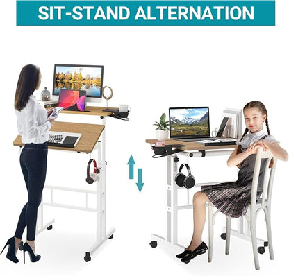 Small Standing Desk with Removable Cup Holder, Height Adjustable Mobile Laptop Stand on Wheels, Ergonomic Rolling Computer Workstation for Home Office, Portable Overbed Table for Couch & Bed, Khaki